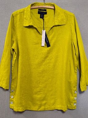 Tahari NWT 100% Linen Blouse Lime Yellow Tunic 3/4 Sleeve Lightweight Women L
